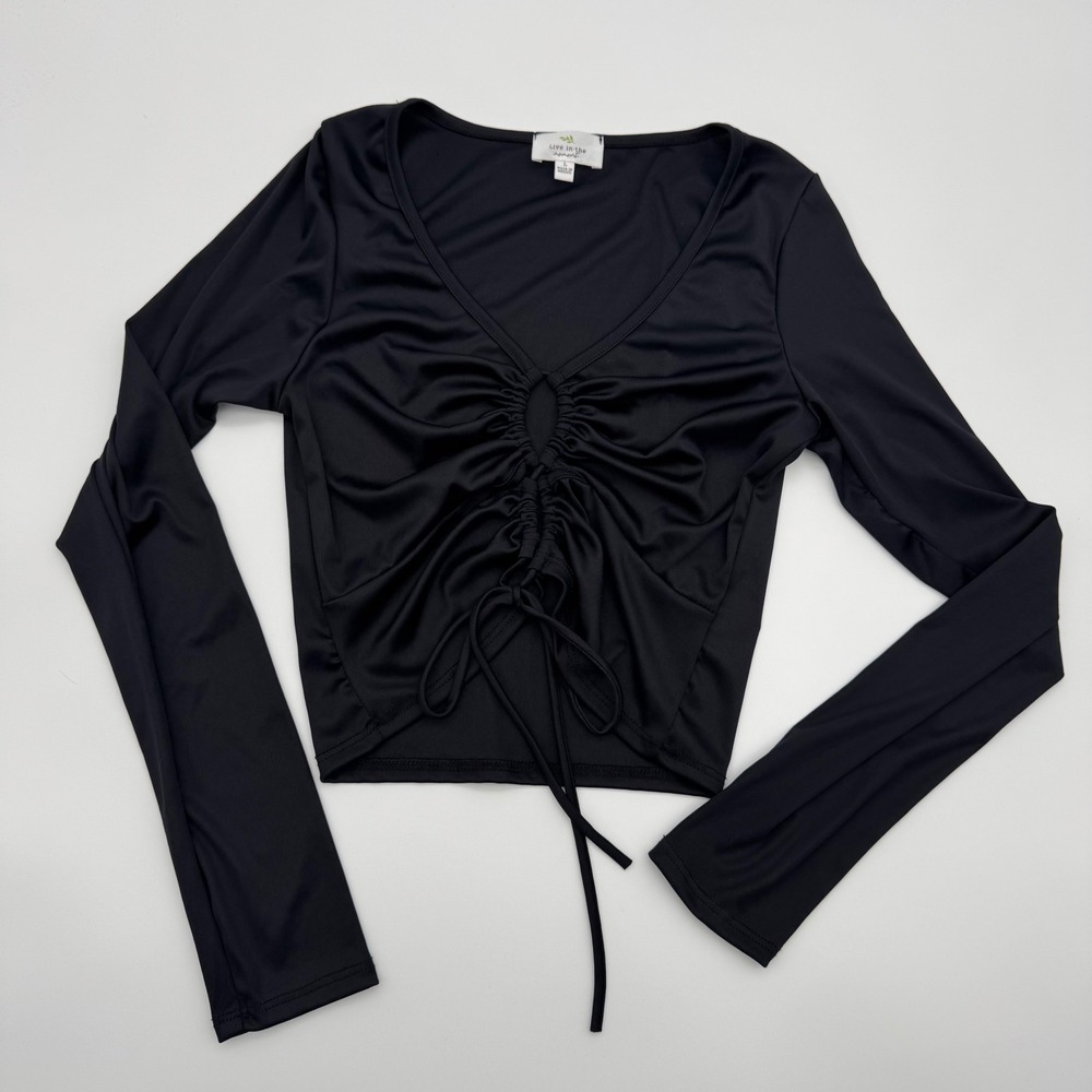 Live In‎ The Moment Womens Black Ruched Front V-Neck Long Sleeve Crop Top Large